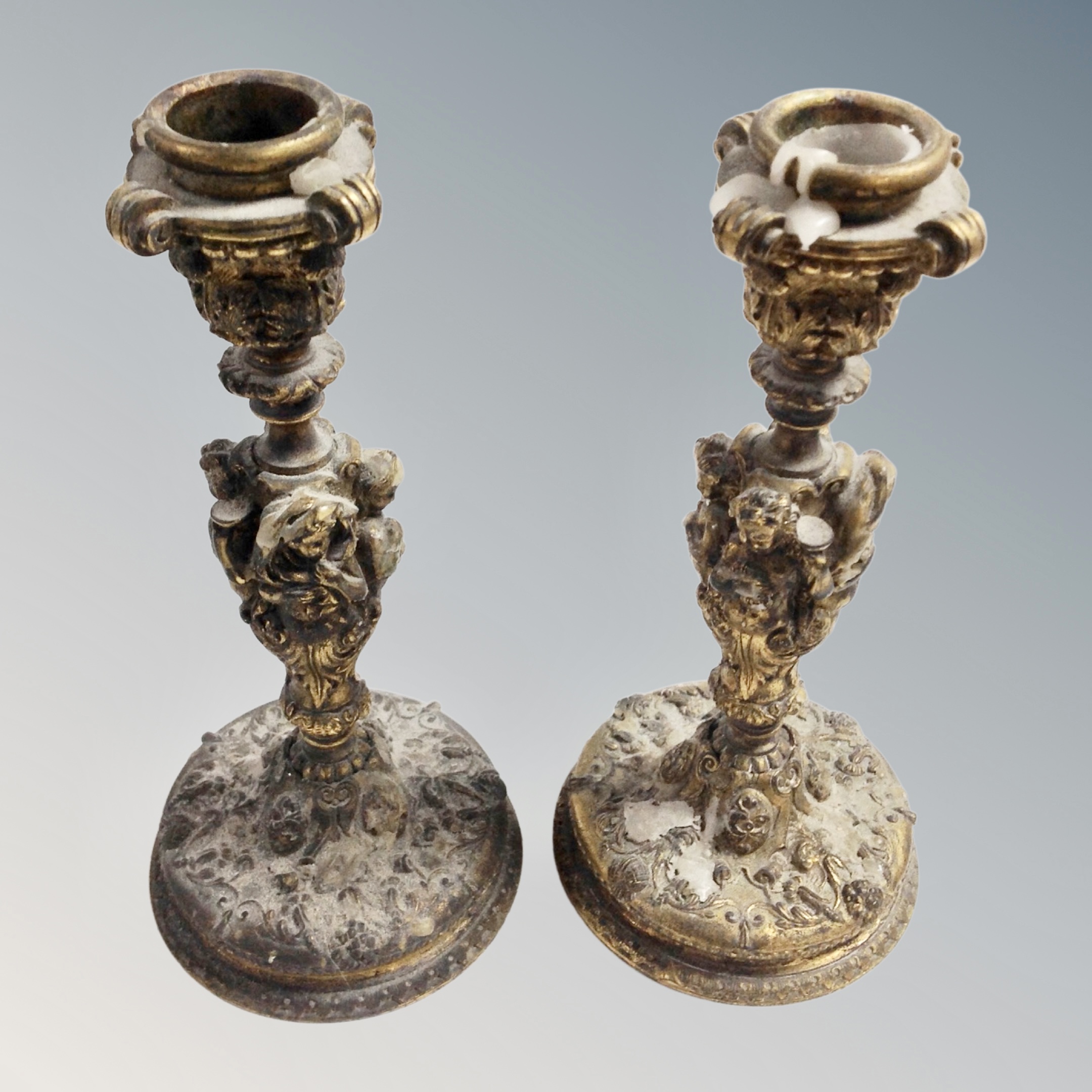A pair of 19th century cast and gilt bronze candlesticks, height 28.