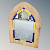 A pine arch topped leaded glass mirror,