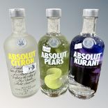 Three x Absolut Vodka, Citron, Pear & Kurrant, each bottle 70 cl.