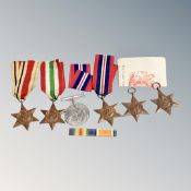 Six World II medals : The War medal, 1939/45 Star, Italy Star, Africa Star x 2,