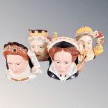 Four Royal Doulton limited edition character jugs : two x Queen Victoria, Queen Elizabeth I,