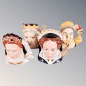 Four Royal Doulton limited edition character jugs : two x Queen Victoria, Queen Elizabeth I,