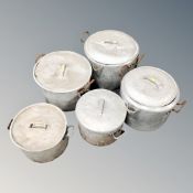 Five large aluminium catering cooking pots with lids
