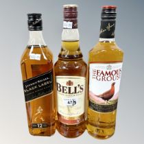 Three x Scotch Whisky : Bell's, Johnnie Walker Black Label & Famous Grouse, each bottle 70 cl.