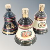 Three Wade Bell's Scotch whisky commemorative decanters : Christmas 1988, 1991, 1992, 70cl,