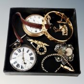 A group of costume jewellery, golf plated bangle, Smiths pocket watch,