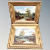 A pair of oils on canvases, rivers through a landscape,