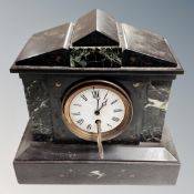 A Victorian black slate and marble mantel clock with key