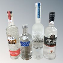 Four x Vodka : J. J. Whitely, Belvedere, Russian Standard & Absolut, each bottle 70 cl.