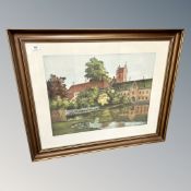 A continental colour print depicting town buildings, singed in pencil, 64 cm x 49 cm.
