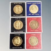 Four 22ct gold plated medals : Dover Castle, WLMER Castle, Charles Edward Stuart & Henry VIII,