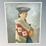 Continental School : Portrait of a figure holding a jug, oil on board, 49 cm x 59 cm.