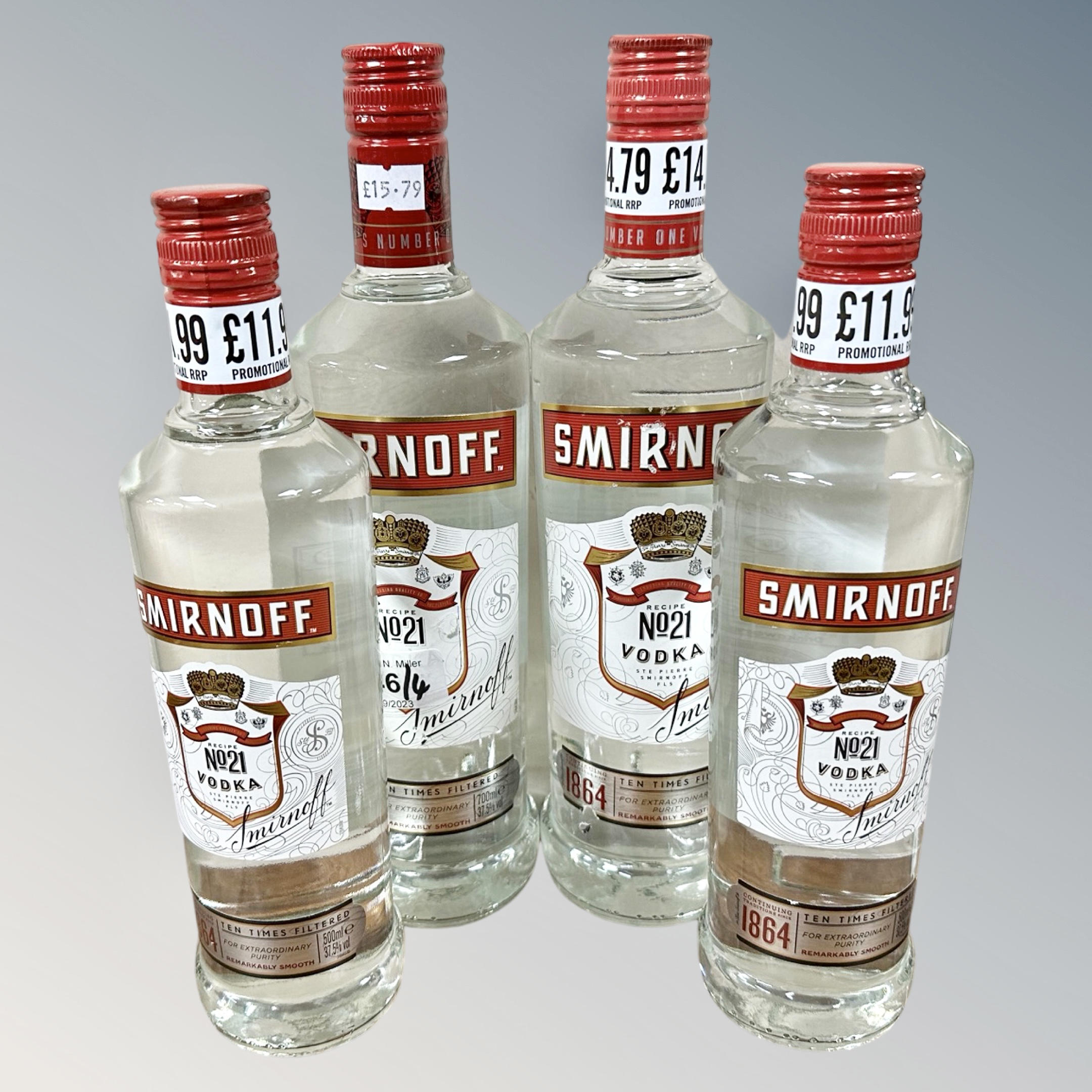 Four x Smirnoff No. 21 Vodka : 2 x 70 cl bottles & 2 x 50 cl bottles.