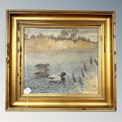 Continental School : Ducks on a pond, oil on canvas, 45 cm x 40 cm.