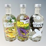 Three x Absolut Vodka, Passion Fruit, Vanilla & Mango, each bottle 70 cl.