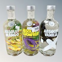 Three x Absolut Vodka, Passion Fruit, Vanilla & Mango, each bottle 70 cl.
