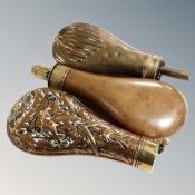 Three antique copper shot flasks