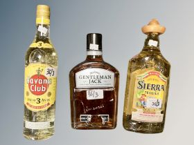 Three bottles : 1 x Sierra Tequila, 1 x Havana Club Rum & 1 x Jack Daniels Gentleman Jack's Whisky,
