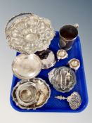 A tray of plated wares including swing handled dish, tankard, pair of salts,