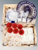 Two boxes of glass ware : four decanters on plated tray, large glass fruit bowl,