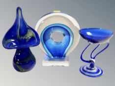 Three pieces of blue studio glass ware, tallest 20.