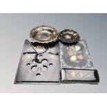 Two Victorian papier mache shaped bowls, similar letter rack, mother of pearl inlaid binder,