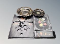 Two Victorian papier mache shaped bowls, similar letter rack, mother of pearl inlaid binder,