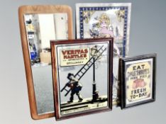 Three decorative mirrors, some bearing advertising decorations,