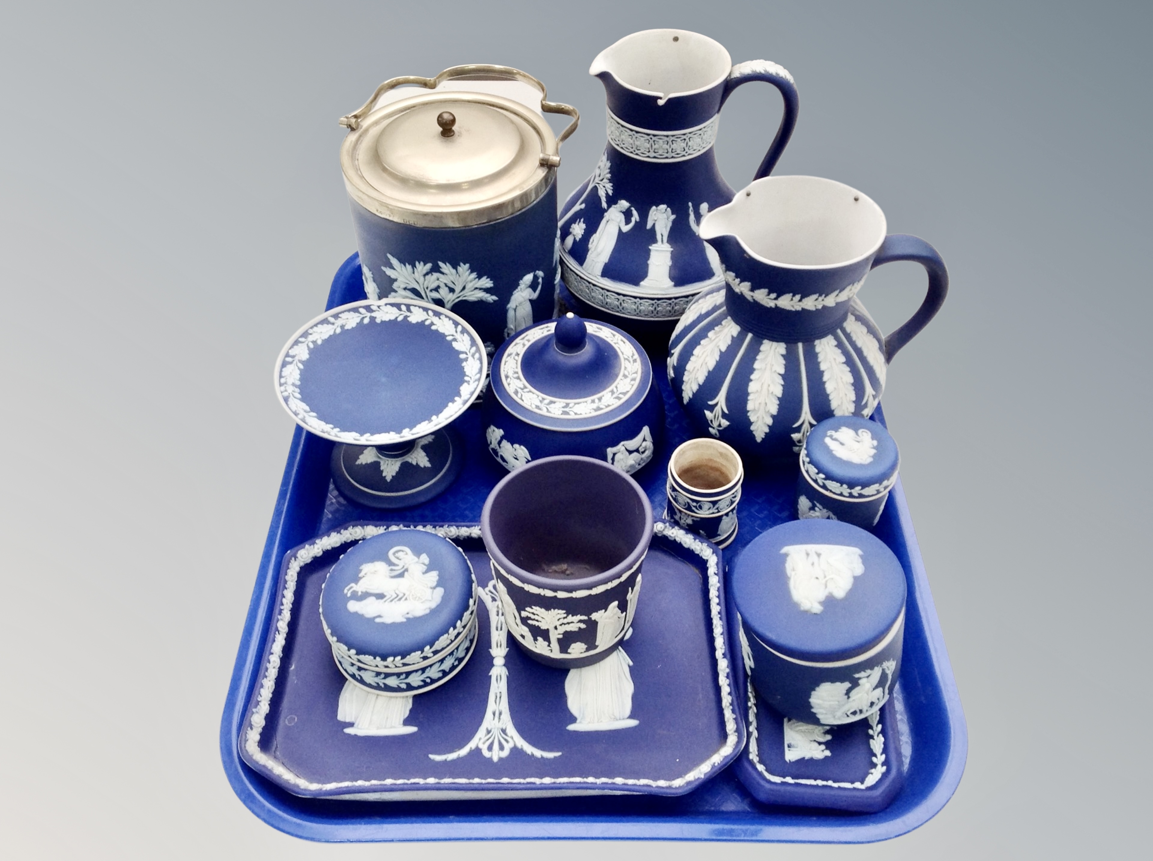 Two trays of Wedgwood blue and white jasper ware : teapots, biscuit barrel with plated lid, - Image 2 of 2