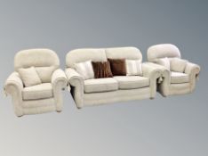 A three-tone cloth three piece lounge suite with scatter cushions CONDITION REPORT: