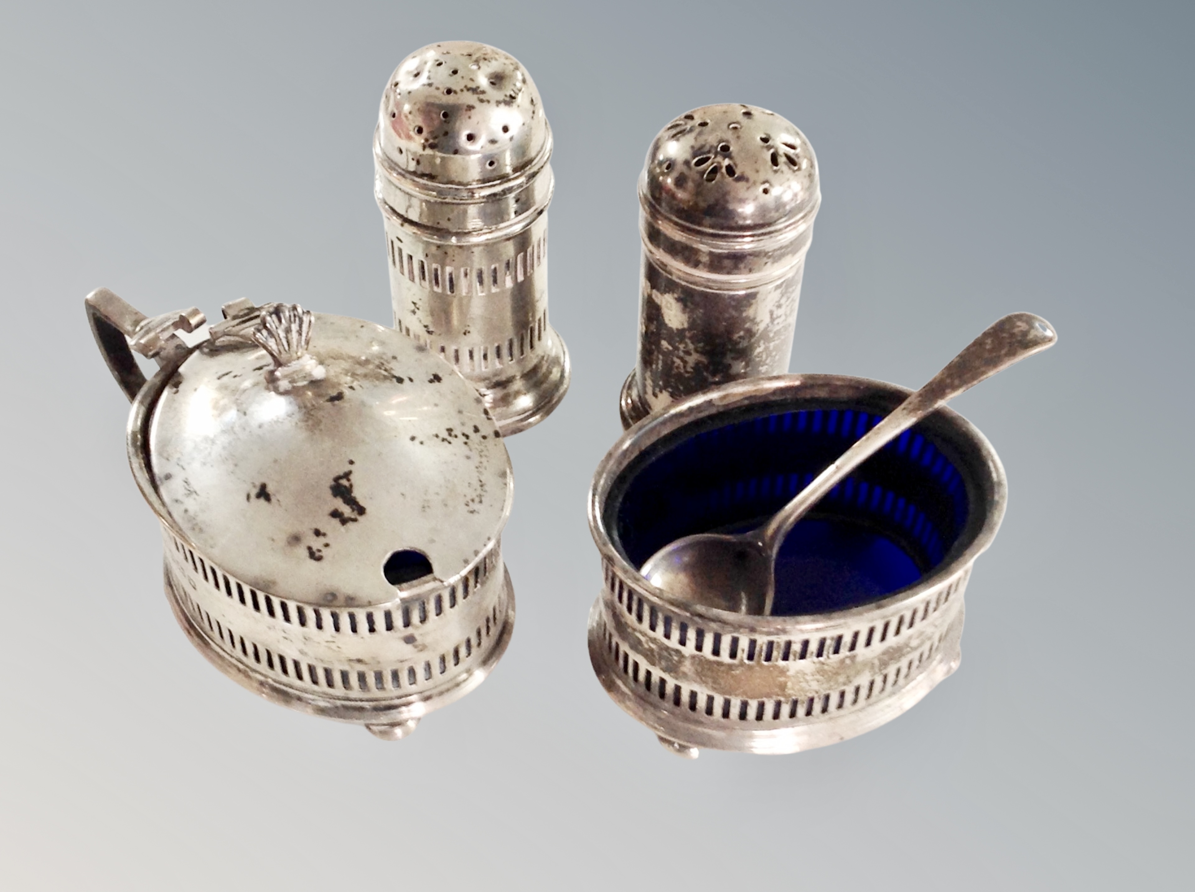 A silver three piece cruet, Birmingham marks,