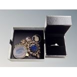 A box of Scottish cape clip, yellow metal 22k gold plate eye hologram necklace,