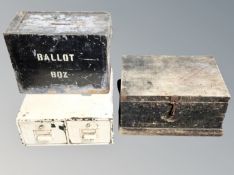 A metal ballot box together with an old wooden storage box and two drawer filing cabinet