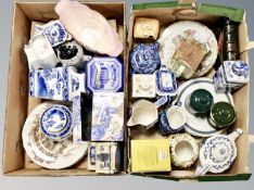 Two boxes of Ringtons china, blue and white willow pattern vase, Maling vase etc.