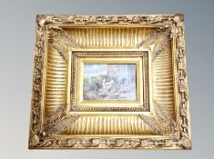 An overpainted print depicting cockerils 16 cm x 11 cm, in heavy ornate frame.