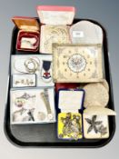 A tray of costume jewellery, pearls, compact, silver marcasite pieces, hand mirror,