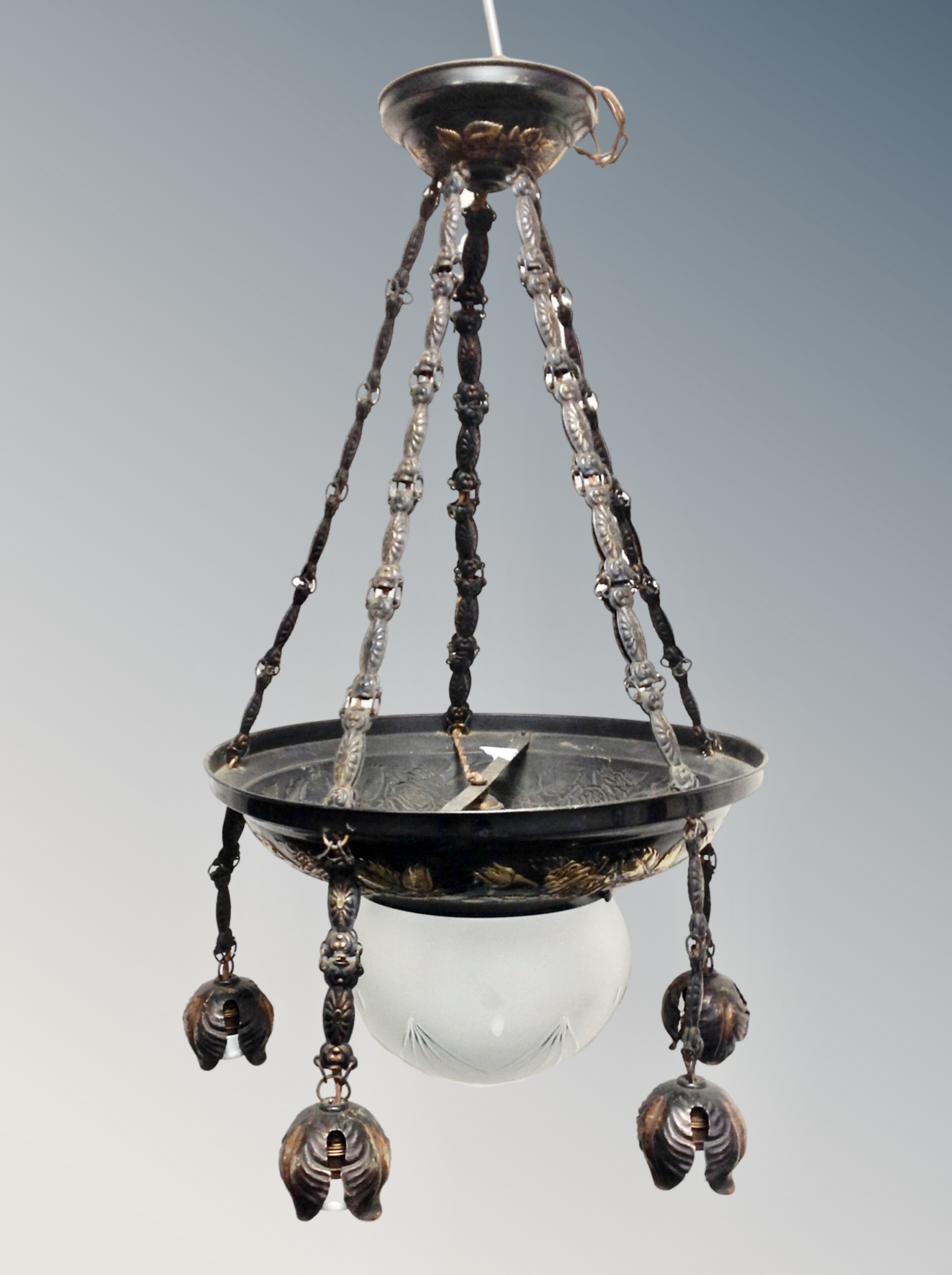 A continental embossed and metal frosted glass pendant light fitting, total height approx.