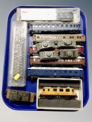 A tray of boxed and un-boxed die cast locomotives : passenger cars, German WWII railway tanks,