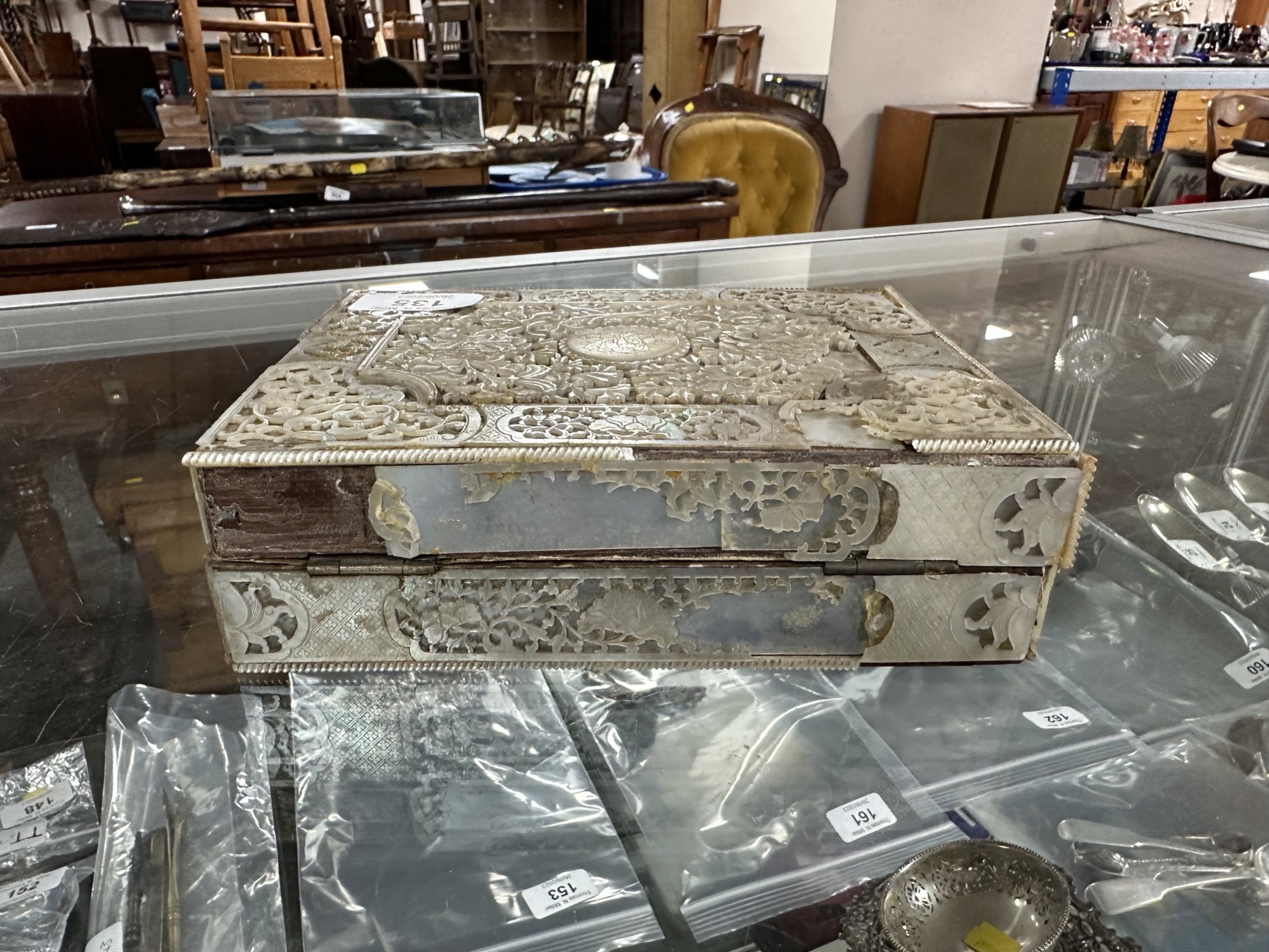 A 19th century Chinese export heavily carved mother of pearl gaming box, - Image 5 of 13