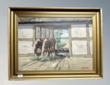 Danish School : Work horses and poultry, oil on canvas,