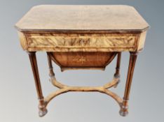 A 19th century figured walnut, ebonised and satinwood strung sewing table,