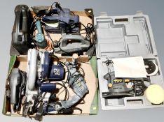 Two boxes of tools, sanders, drills,