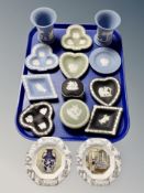 Twelve of pieces blue, black and green Wedgwood jasper ware : pin dishes, vases,