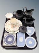 Four pieces of Wedgwood blue and white jasper ware, Wedgwood black basalt ceramics,