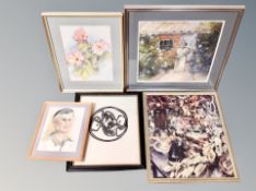 Five various pictures from the studio of Paula Stephenson to include a pastel drawing of a statue