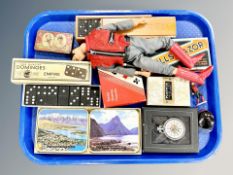 Collectables to include Action Man, boxed dominoes, modern pocket watch, playing cards,
