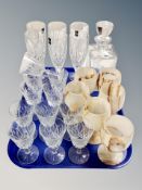 An etched glass decanter, glasses to include set of six Gleneagles champagne flutes,