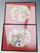 A pair of Chinese embroidered silk oval panels,