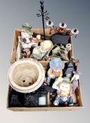 Two boxes of fire companion set, ornaments, pottery planters,