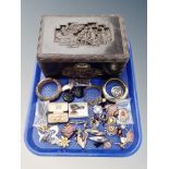 A tray of carved camphor wood jewellery box, costume jewellery, bangles,